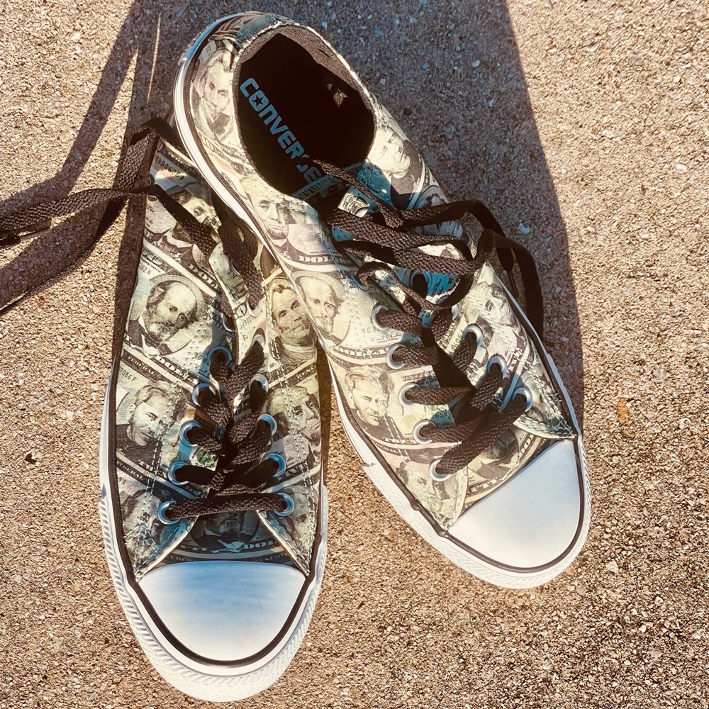Converse NEW Dollar Green Print Sneakers w/Black and White trim.